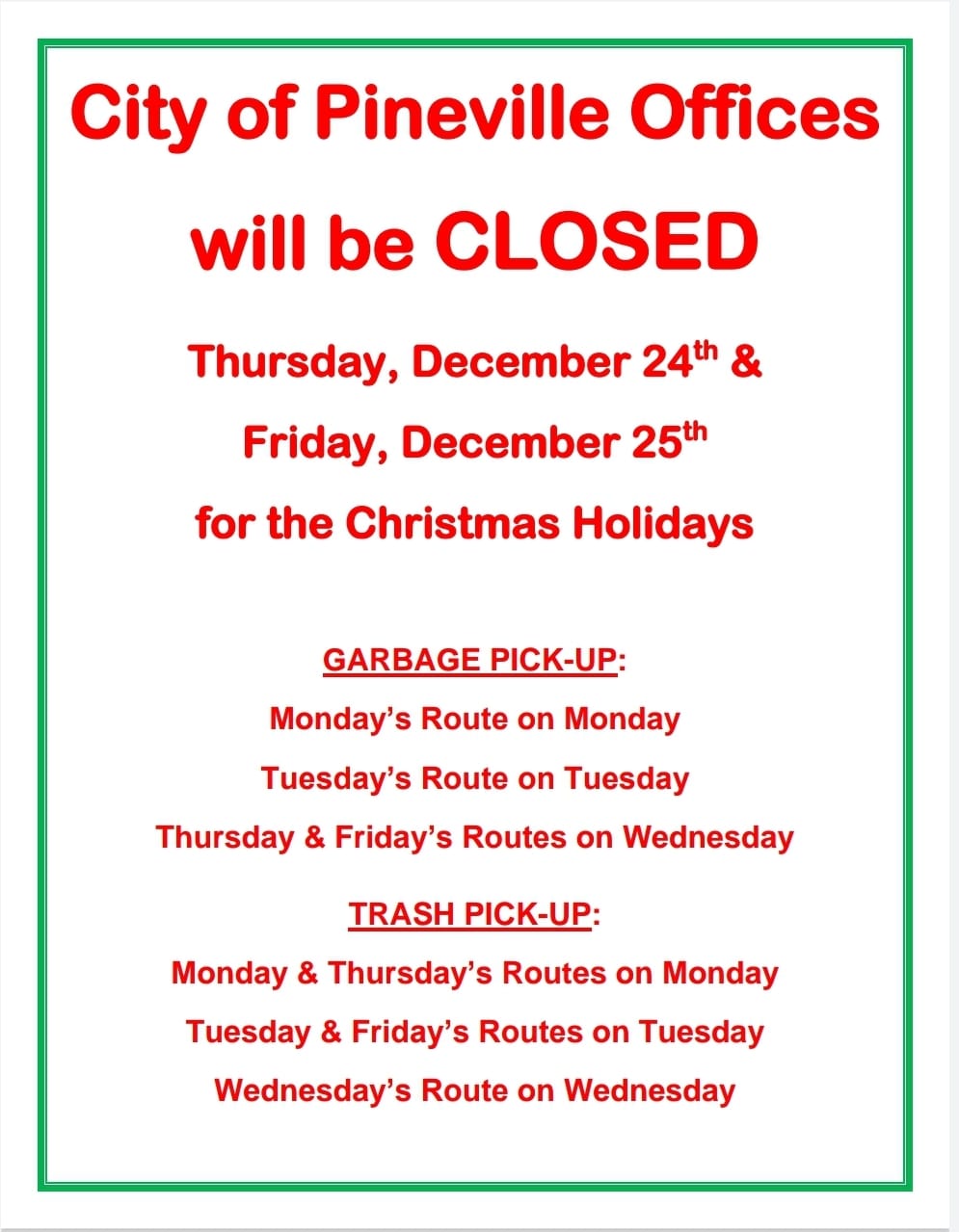 2021 Christmas Garbage Schedule